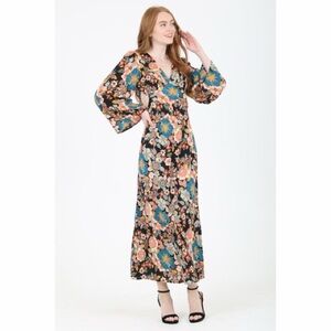 Angie Black Floral Maxi Dress with Blue and Orange Accents with cut outs